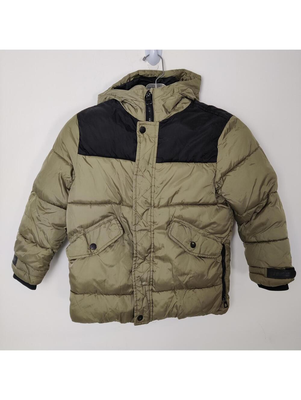 Zara Kid's Puffer Jacket Hooded Winter Coat Olive Black Size 8